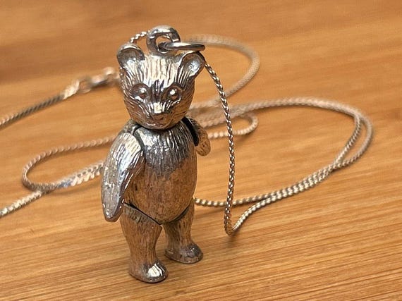 Vintage Sterling Silver Articulated Teddy Bear Pendant Necklace Italian Snake Chain