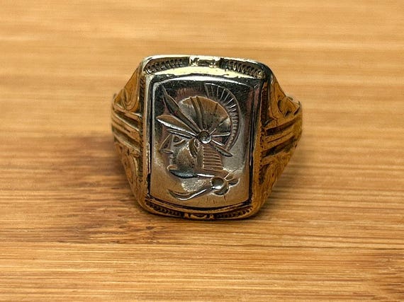 Vintage Mixed Metal Roman Soldier Ring, Size 10, 64% Silver, Detailed Profile
