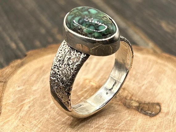 Native American Inspired Tufa Cast Turquoise Sterling Silver Ring, Size 11.5