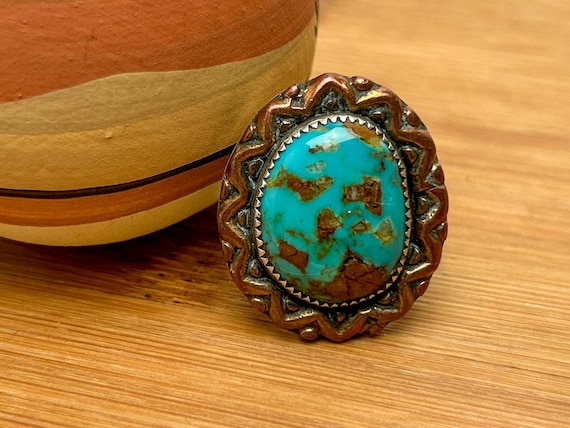 Sterling Silver and Copper Navajo Native American Turquoise Ring, Size 9.75, Unique Copper Accent Design, Artist Hallmark