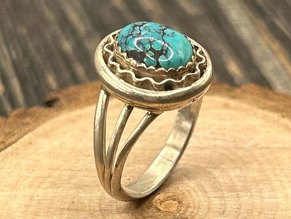 Native American Turquoise Sterling Silver Ring, Size 6.75, Signed JAQU