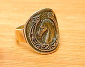 Sterling Silver Horse Profile Ring with Horseshoe Frame