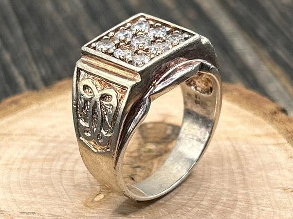 Vintage Sterling Silver CZ Statement Ring, Art Nouveau Shoulders, Square Cluster Ring, Size 10, Chunky Bold Ring