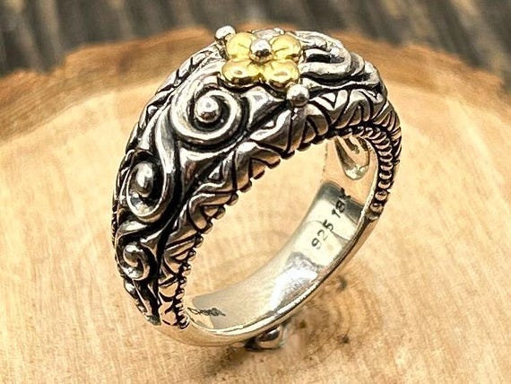 Authentic Barbara Bixby Sterling Silver & 18K Gold Flower Scroll Ring | Ornate Mixed Metal Designer Jewelry | Size 5