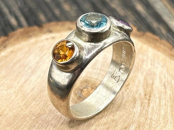 Vintage Sterling Silver Three Stone Gemstone Ring Amethyst Topaz Citrine