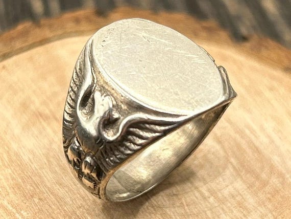 Vintage Art Deco Sterling Silver Winged Signet Ring, Size 7 1/4, Antique Engravable Statement Ring