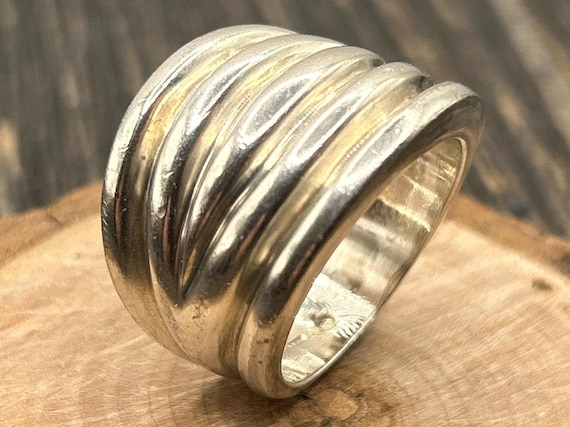 Bold Vintage Sterling Silver Ribbed Band Ring, Size 11, Italy 925, Statement Jewelry
