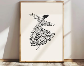 Whirling Dervish Printable Wall Decor, Digital Whirling Dervish Poster Embroidered with Arabic Letters, Islamic Home Decor, Sufi Art