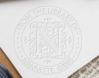 Gothic Monogram Library Book Embosser  | Name Initial Round Book Stamp Custom From the Library of Book Embosser, Book Embosser Personalized