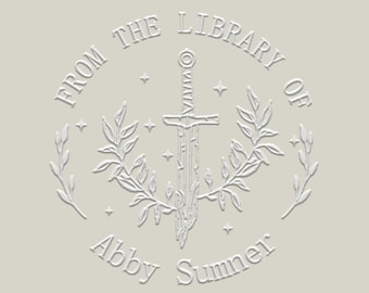 May include: A white embossed circle with the text "From the Library of Abby Summer" and a sword with a cross guard surrounded by leaves and stars.