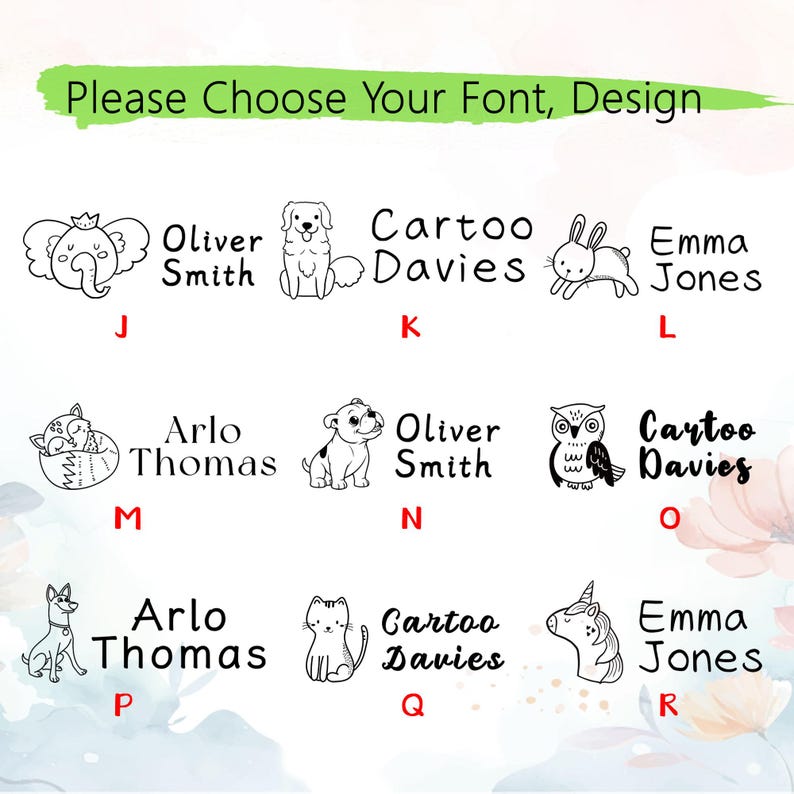 May include: A selection of personalized design options, featuring various animal illustrations and names. The image includes an elephant, dog, rabbit, fox, owl, cat, unicorn, and dog. Text at the top reads "Please Choose Your Font, Design."