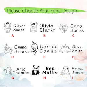 May include: Image featuring various font and design options for personalized items. Includes illustrations of monsters, unicorns, a narwhal, a cat-unicorn hybrid, a dragon, a panda, and a bird, each paired with a name. Text at the top reads "Please Choose Your Font, Design."