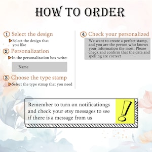 May include: An instructional graphic titled "HOW TO ORDER" with numbered steps for selecting a design, personalizing, choosing a stamp type, and checking the personalized details. Includes a reminder to check Etsy messages.