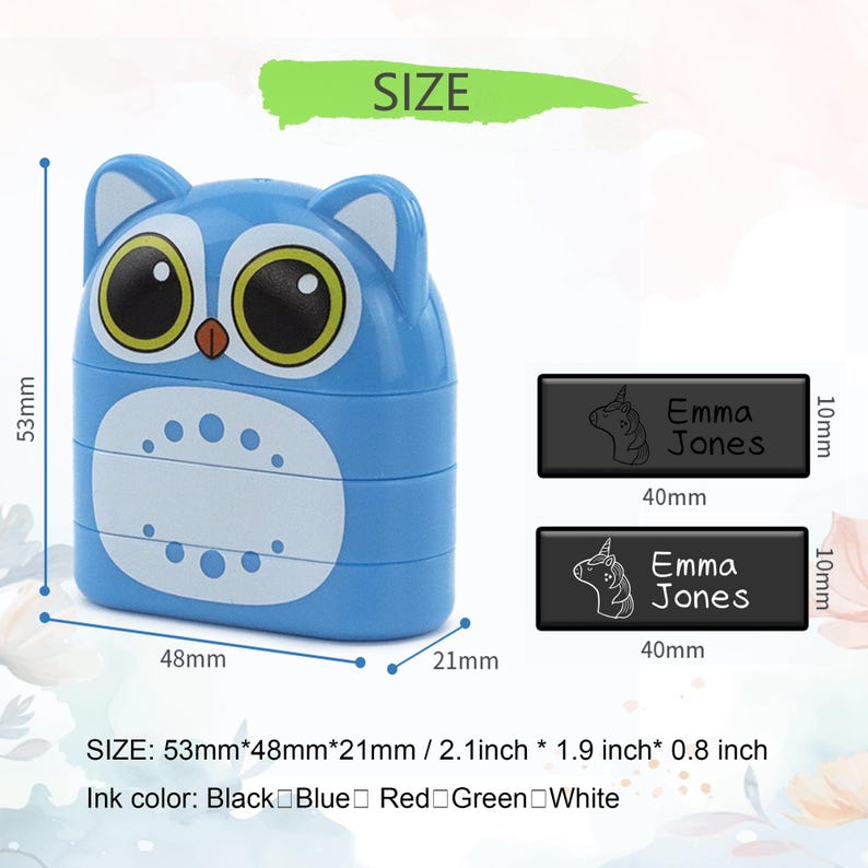 May include: A blue owl-shaped stamp with black ink, measuring 2.1 inches high, 1.9 inches wide, and 0.8 inches deep. Includes two black rectangular stamps with a unicorn and the name "Emma Jones".