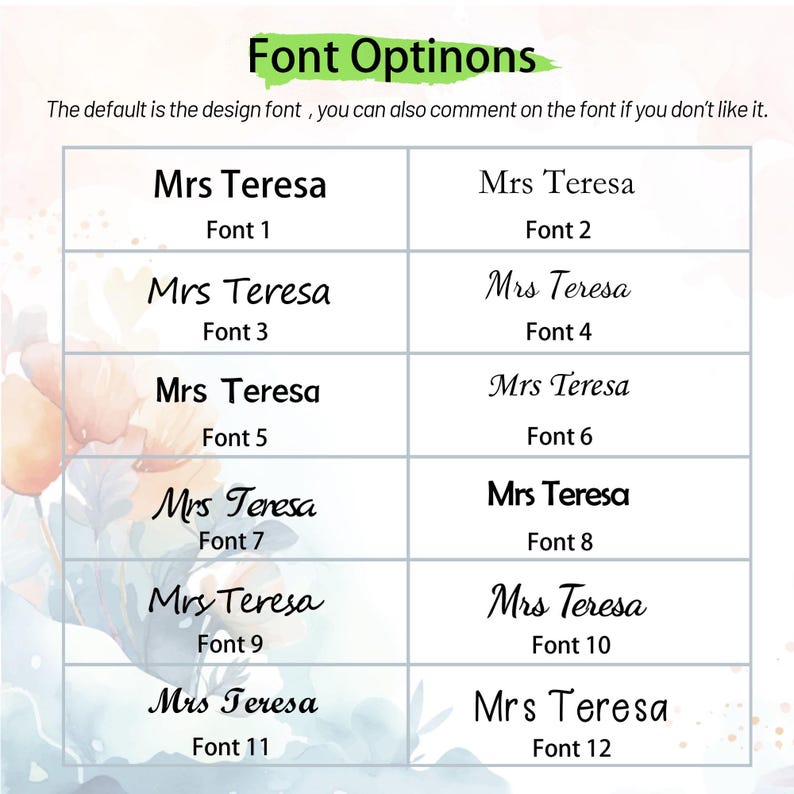 May include: A grid displaying twelve font options for the name "Mrs Teresa". Each font is labeled with a number from 1 to 12. The text "Font Options" is at the top, with a note about the default font.
