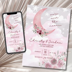 Boho Over The Moon Baby Shower Invitation Mauve Pink Moon Blush Floral Its A Girl Invite Digital Printable Editable Template CSP401