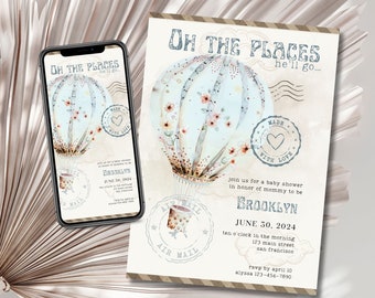 Editable Hot Air Balloon Baby Shower Invitation Oh Boy Baby Announcement Watercolor Balloon Oh Baby Printable Canva Template CSP202