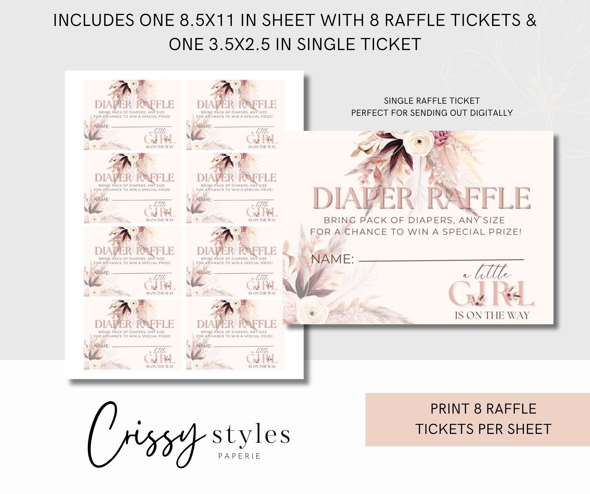 Boho Blush Baby Shower Diaper Raffle Ticket and Sign Set Pink Pampas ...