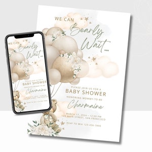 Orsacchiotto Baby Shower Invito Modello modificabile neutro per bambino carino Palloncini beige Invito stampabile digitale marrone adorabile CSP101