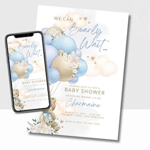 Teddybär-Babyparty-Einladung niedlicher Baby Boy bearbeitbare Vorlage Blaue Luftballons laden druckbare digitale braune Bären ein, warten Sie entzückend CSP102