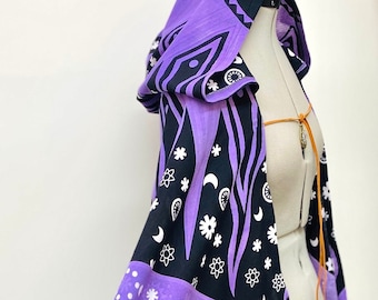 Gothic Purple, black ,Cosmic, celestial Sun & moon festival cloak, sun cover-up, Renaissance Festival cloak,Wizard Cloak,Witch, wiccan