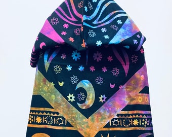 Boho, Hippy, Cosmic, Tie dye ,celestial Sun and moon festival cloak, sun cover-up, Renaissance Festival cloak, Wizard Cloak, tarot reader