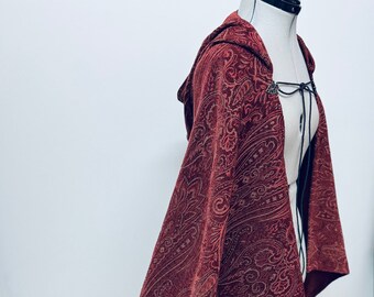 High Quality, burgundy, damask Tapestry Renaissance Cape with full hood, Pagan Capelet, LARP Festival cloak, Steam Punk