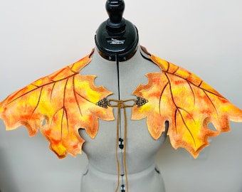 Embroidered Marbled orange, Elven leaf capelet, Elven Ranger Fall Leaf caplet Druids,Dryads CAPE, Renaissance Fairy capelet