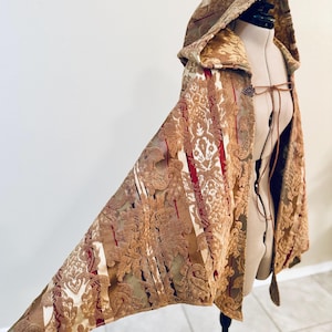 High Quality, Maroon and tan, damask Tapestry Renaissance Cape with full hood, Pagan Capelet, LARP Festival cloak, Steam Punk