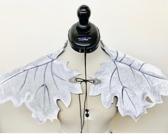 Embroidered, Silver, Velvet Elven leaf capelet, Elven Ranger Fall Leaf caplet Druids,Dryads CAPE,Fairy Leaf Pauldrons, Christmas Elf cape