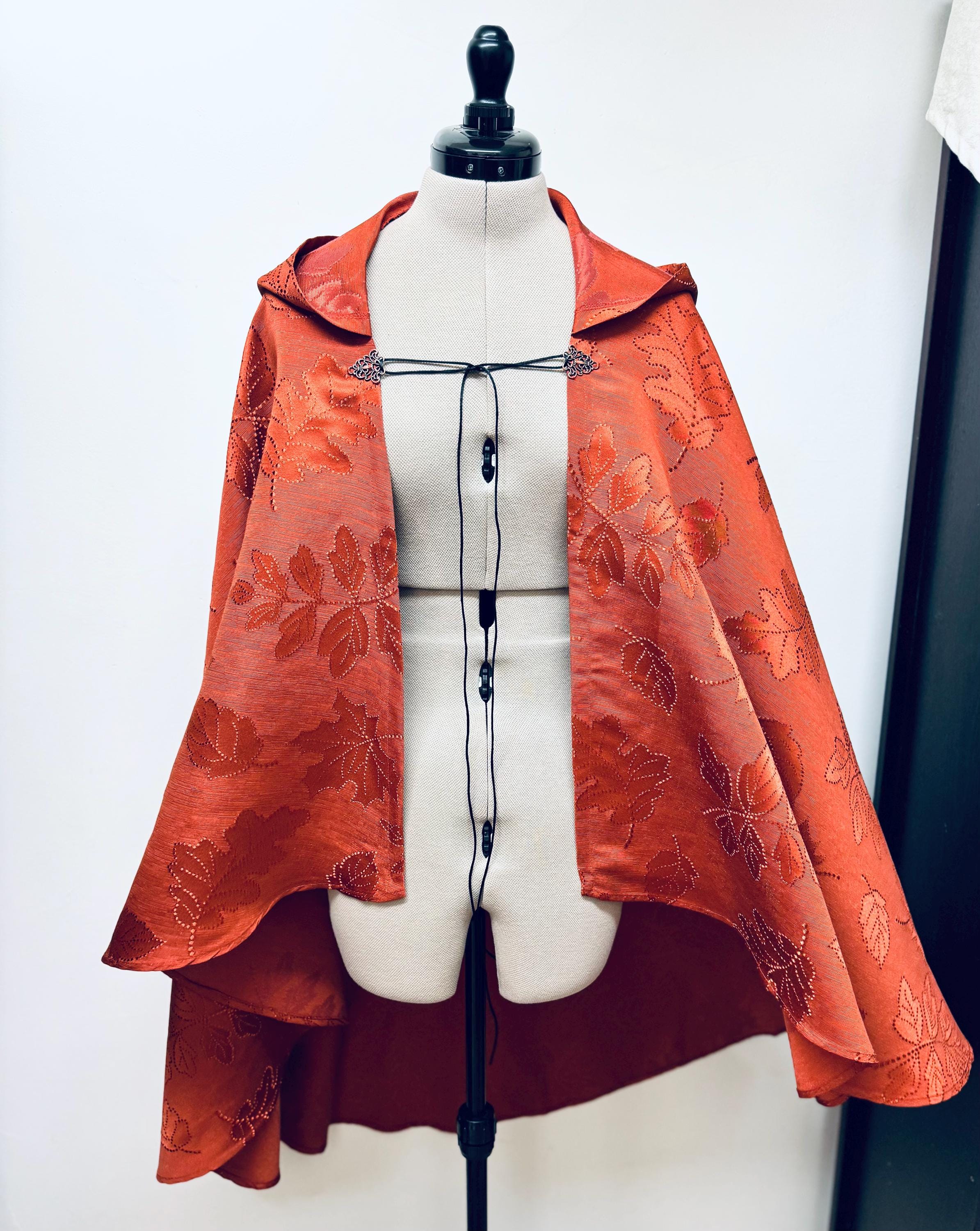Burnt orange, embossed leaf, Renaissance festival shoulder Cape w/ full hood, Steampunk, Elven cape, cosplay Cloak, Pagan Capelet, Fae cloak