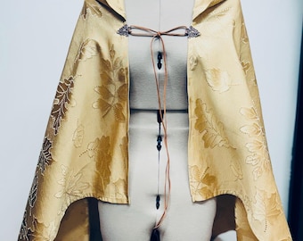 Beige, Gold, embossed leaf, Renaissance festival shoulder Cape w/ full hood, Steampunk, Elven cape, cosplay Cloak, Pagan Capelet, Fae cloak