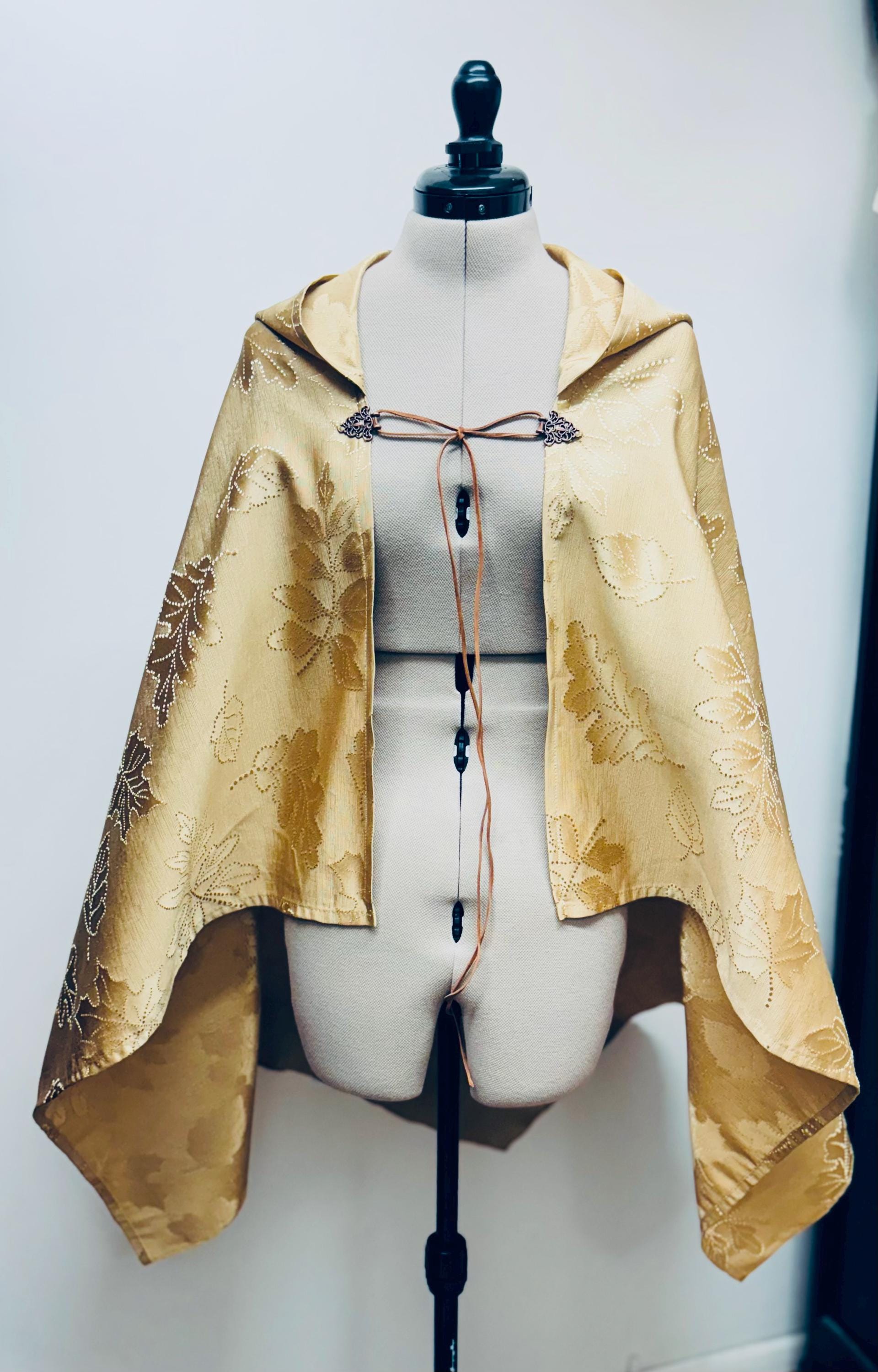 Beige, Gold, embossed leaf, Renaissance festival shoulder Cape w/ full hood, Steampunk, Elven cape, cosplay Cloak, Pagan Capelet, Fae cloak