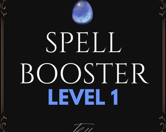 May include: A black and white graphic with a blue crystal-like image at the top. The text "SPELL BOOSTER LEVEL 1" is in white and blue letters.