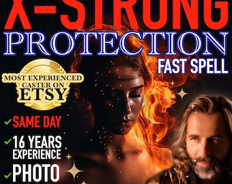 Könnte beinhalten: Eine digitale Illustration einer Frau und eines Mannes mit Flammen dahinter. Der Text "X-STRONG PROTECTION FAST SPELL" befindet sich oben im Bild. Der Text "MOST EXPERIENCED CASTER ON ETSY" befindet sich in einem goldenen Kreis unten links. Der Text "SAME DAY", "16 YEARS EXPERIENCE" und "PHOTO PROOF" befindet sich in einer Liste unten links.