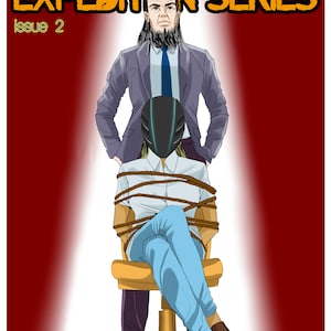 Puede incluir: Una portada de cómic con fondo rojo y el título "VIRTUAL VIREAL EXPEDITION SERIES" en texto naranja. El número de la edición "issue 2" está en texto blanco. La portada presenta a un hombre con traje y barba de pie detrás de una persona atada a una silla. El autor es Dominique Darell Miller y el artista es Gema Nanoai Ledesma.