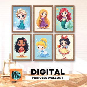Set of 6 Princess Wall Print, Girl Room Decor, Printable Fairy Tale Cinderella Moana Elsa Belle Ariel Rapunzel
