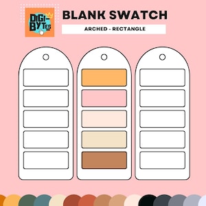 May include: Blank swatch with arched rectangle shape. The swatch has five rows of blank spaces for color samples. The swatch is white with a black outline. The background is pink. The text "BLANK SWATCH" is at the top of the image. The text "ARCHED - RECTANGLE" is below the text "BLANK SWATCH".