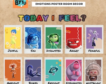 Puede incluir: Un conjunto de carteles con el texto "Today I Feel?" e ilustraciones que representan emociones como Joyful, Sad y Angry. El conjunto incluye 10 archivos PNG transparentes y letras, adecuado para la decoración de la habitación.