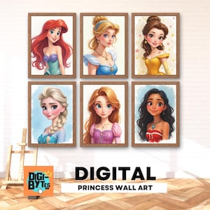Set of 6 Princess Portrait Wall Print, Girl Room Decor, Printable Fairy Tale Cinderella Moana Elsa Belle Ariel Rapunzel