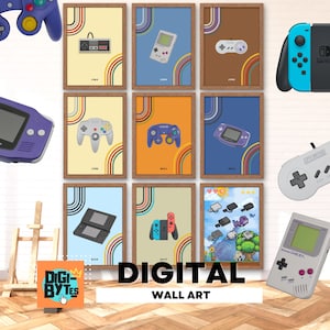 Retro video game Controller and Console Handheld Wall Decor, Digital Prints, Game Room poster, Geeky art, set of 9, Gaming Prints