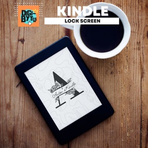 May include: A black Kindle e-reader with a white screen displaying a personalized lock screen with a floral design and the text "Anton's Kindle".