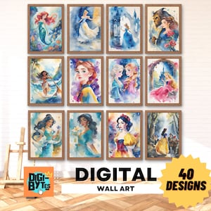 Set of 40 Princess Wall Art, Girl Room Decor, Printable Art Cinderella Moana Elsa Snow White Aurora Belle Ariel Jasmine Mulan & More!