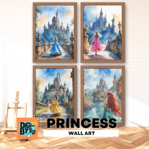 Set of 4 Princesses Wall Art, Girl Room Decor, Printable Watercolor Art Cinderella  Aurora Belle Ariel