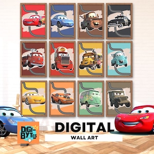 Set of 12 Cars Movie Wall Art, Clipart, PNG,Printable Art, Car Poster, Cars Decor, Lightning McQueen