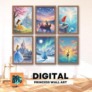 Set of 6 Princess Wall Print, Girl Room Decor, Printable Fairy Tale Cinderella Moana Elsa Belle Ariel Rapunzel