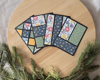 Handgemachte, Blanko Grußkarten | Alle Anlässe | Anpassbares Set von 4 Karten mit Umschlägen | Blau, Grün und Gelb mit Blumen