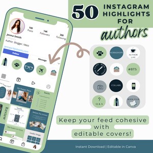 50 blauwgroen auteur Instagram hoogtepunt covers canva sjabloon schrijvers socialmediaberichten auteur Instagram Bookstagram sjablonen:PPEXEC