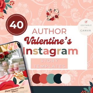 Historie autora na Instagramie Valentine, szablony Bookstagram na luty, zestaw mediów społecznościowych dla pisarzy, edytowalne historie Canva, kapryśne PPVW