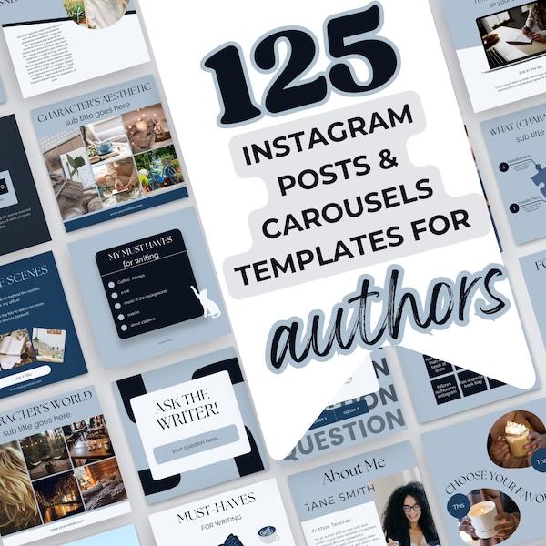 125 Blue Gray Instagram Posts Canva Template Writers Social Media Posts Author Instagram Ideas Bookstagram Templates: PPASH